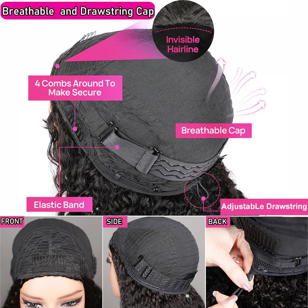 Vietnamese Burmese Curly Half Wig Glueless  Raw Human Hair Half Wig With Drawstring Seamless Clips Deep Wave 3 IN 1 Half Wig