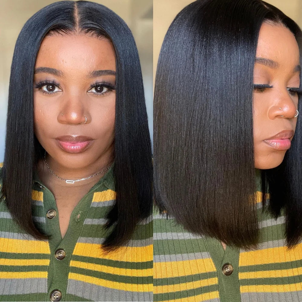 UNice Hair 7x5 & 13x4 Light Yaki Straight Bob Wig With Drawstring 100% Human Hair Short Bob Wigs 150% Density