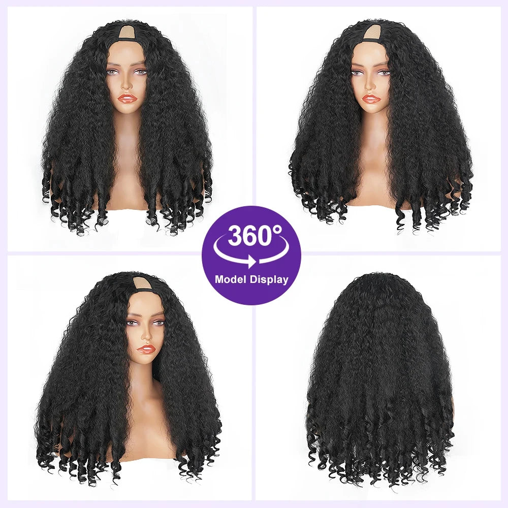 Yaki Straight Wigs with Bouncy Curls Clip in Half Glueless Wig 200% Density Upgrade V Part Synthetic Afro Curly Wigs For Women