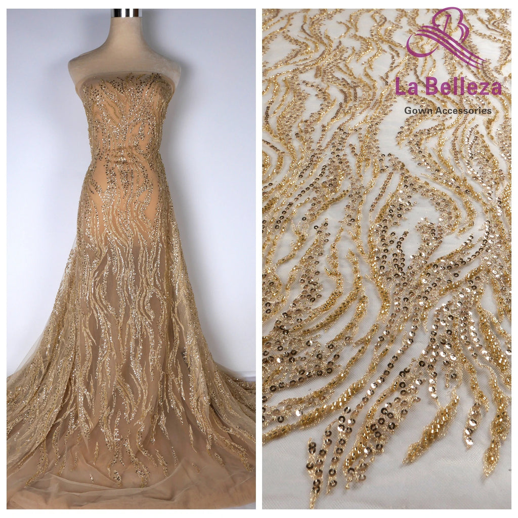 La Belleza Hot fashion bride lace,simple lines beading lace fabric,white lace fabric embroidered for wedding dresses by yard