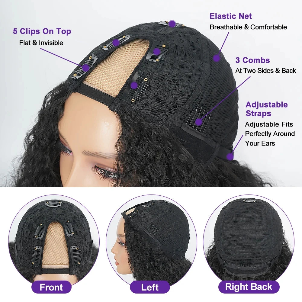 Yaki Straight Wigs with Bouncy Curls Clip in Half Glueless Wig 200% Density Upgrade V Part Synthetic Afro Curly Wigs For Women