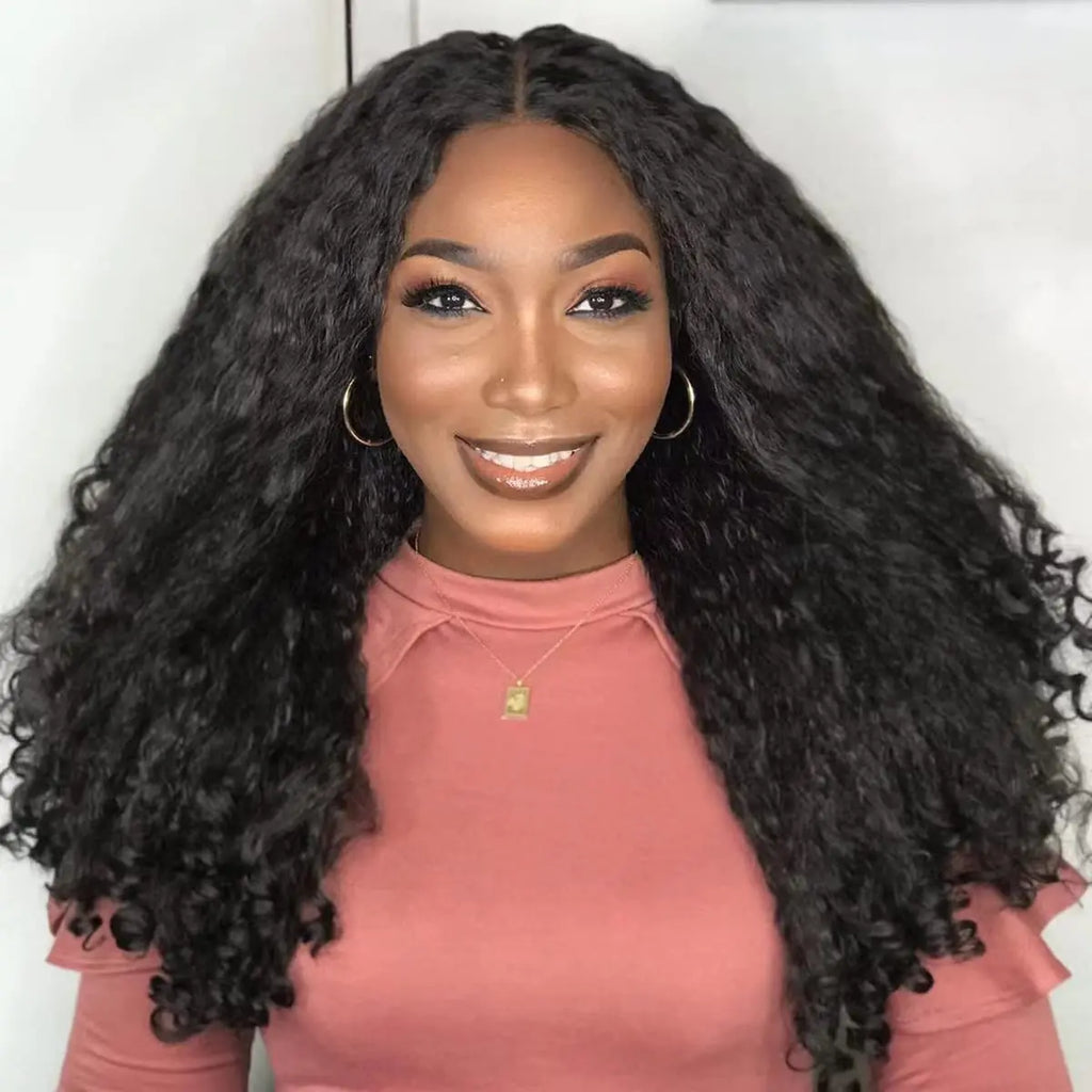 Yaki Straight Wigs with Bouncy Curls Clip in Half Glueless Wig 200% Density Upgrade V Part Synthetic Afro Curly Wigs For Women