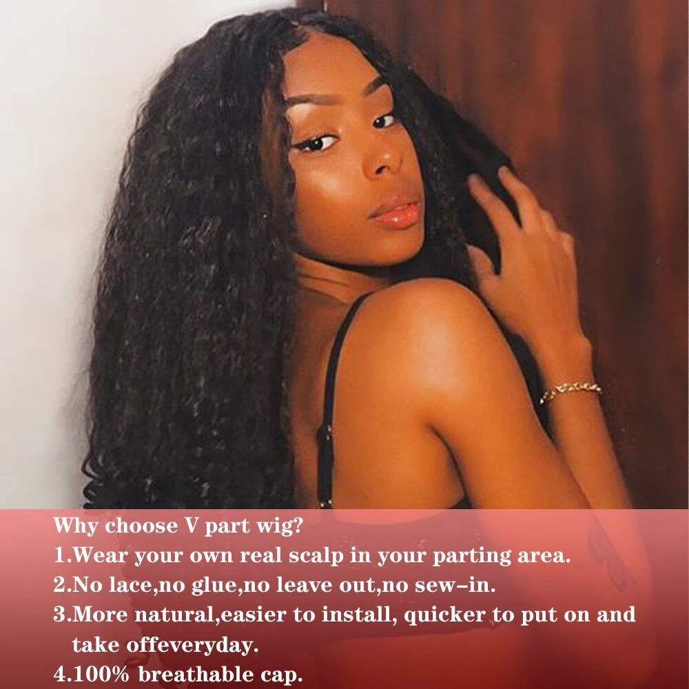 Yaki Straight Wigs with Bouncy Curls Clip in Half Glueless Wig 200% Density Upgrade V Part Synthetic Afro Curly Wigs For Women