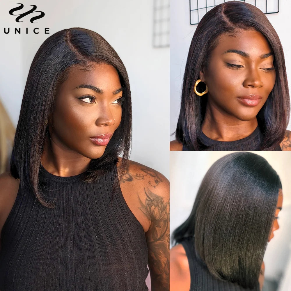 UNice Hair 7x5 & 13x4 Light Yaki Straight Bob Wig With Drawstring 100% Human Hair Short Bob Wigs 150% Density