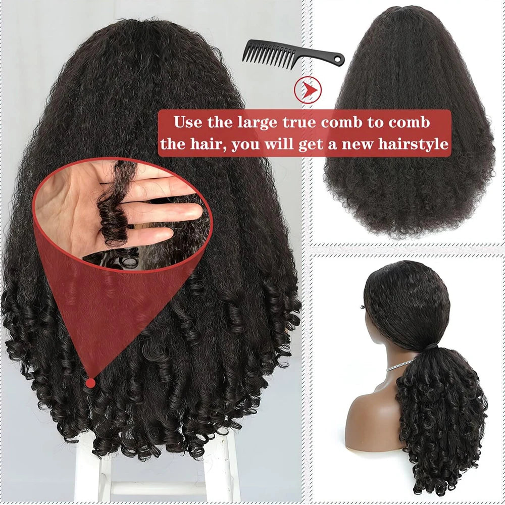 Yaki Straight Wigs with Bouncy Curls Clip in Half Glueless Wig 200% Density Upgrade V Part Synthetic Afro Curly Wigs For Women