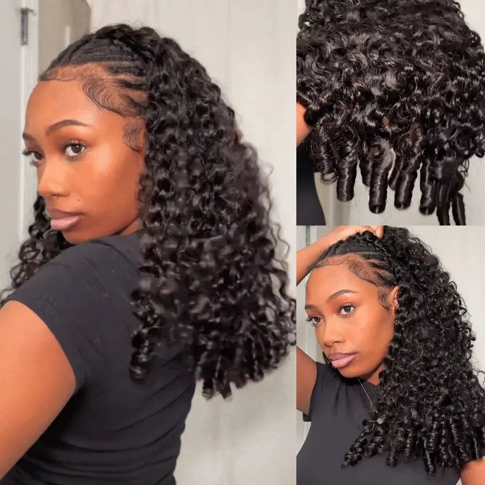 Vietnamese Burmese Curly Half Wig Glueless  Raw Human Hair Half Wig With Drawstring Seamless Clips Deep Wave 3 IN 1 Half Wig