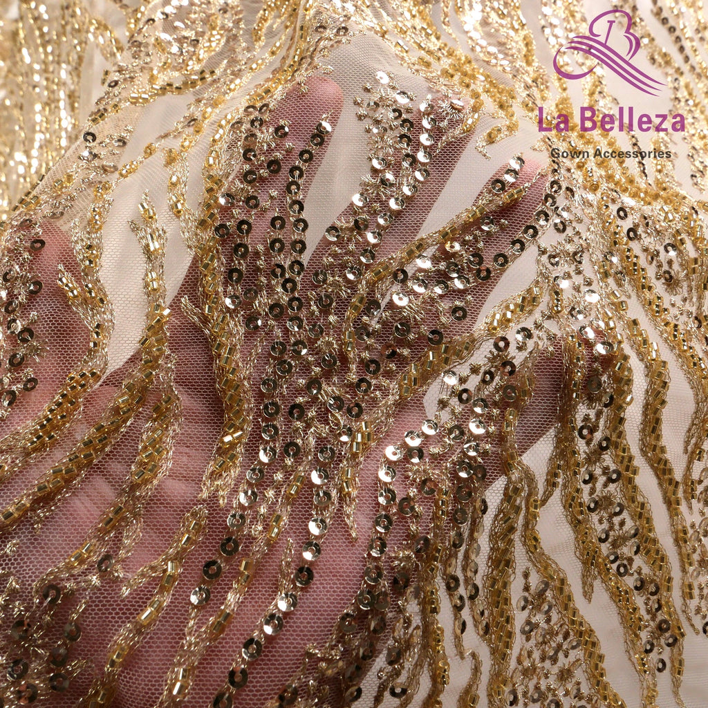 La Belleza Hot fashion bride lace,simple lines beading lace fabric,white lace fabric embroidered for wedding dresses by yard