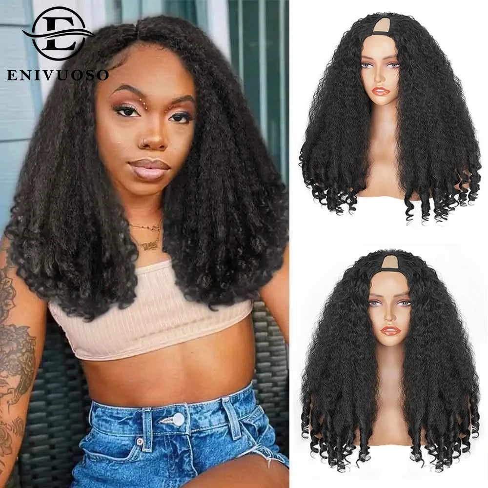 Yaki Straight Wigs with Bouncy Curls Clip in Half Glueless Wig 200% Density Upgrade V Part Synthetic Afro Curly Wigs For Women