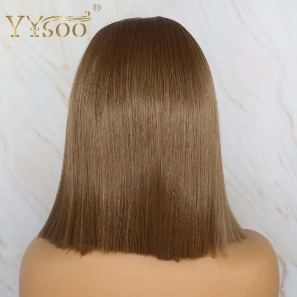 YYsoo Short 13x4 Futura Synthetic Lace Front  Wig #10 Color Silky Straight Brown Wigs for Women Heat Resistant Natural Hairline