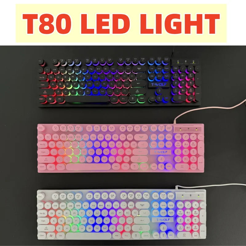 T-WOLF RGB Round Key Gaming Keyboard – USB Wired LED Rainbow Backlit Keyboard for PC & Laptop
