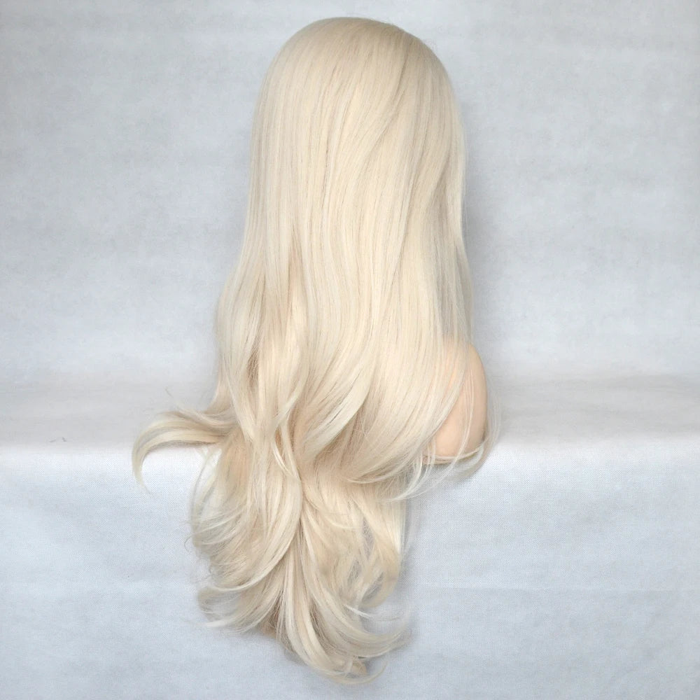 Voguequeen Platinum Blonde Synthetic Natural Wave Lace Front Wig Heat Resistant Fiber Cosplay For Women