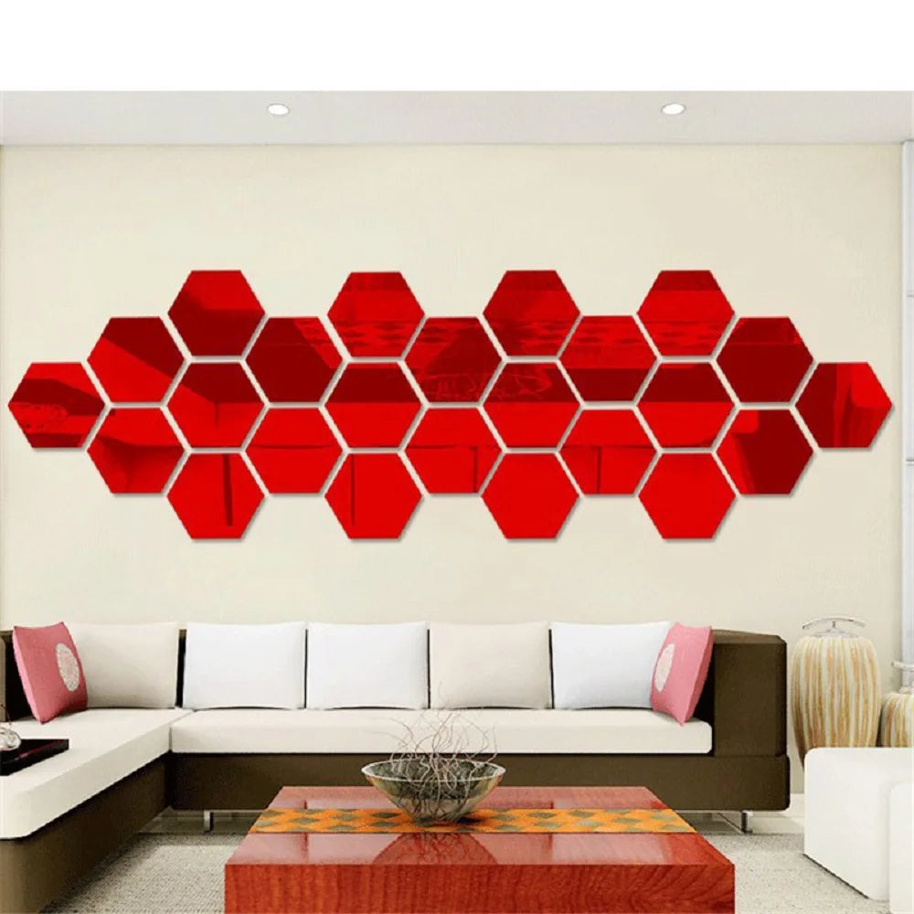 3D Hexagon Mirror Wall Stickers | 12pcs Acrylic DIY Removable Decal | Silver Gold Black Living Room Home Decor Art
