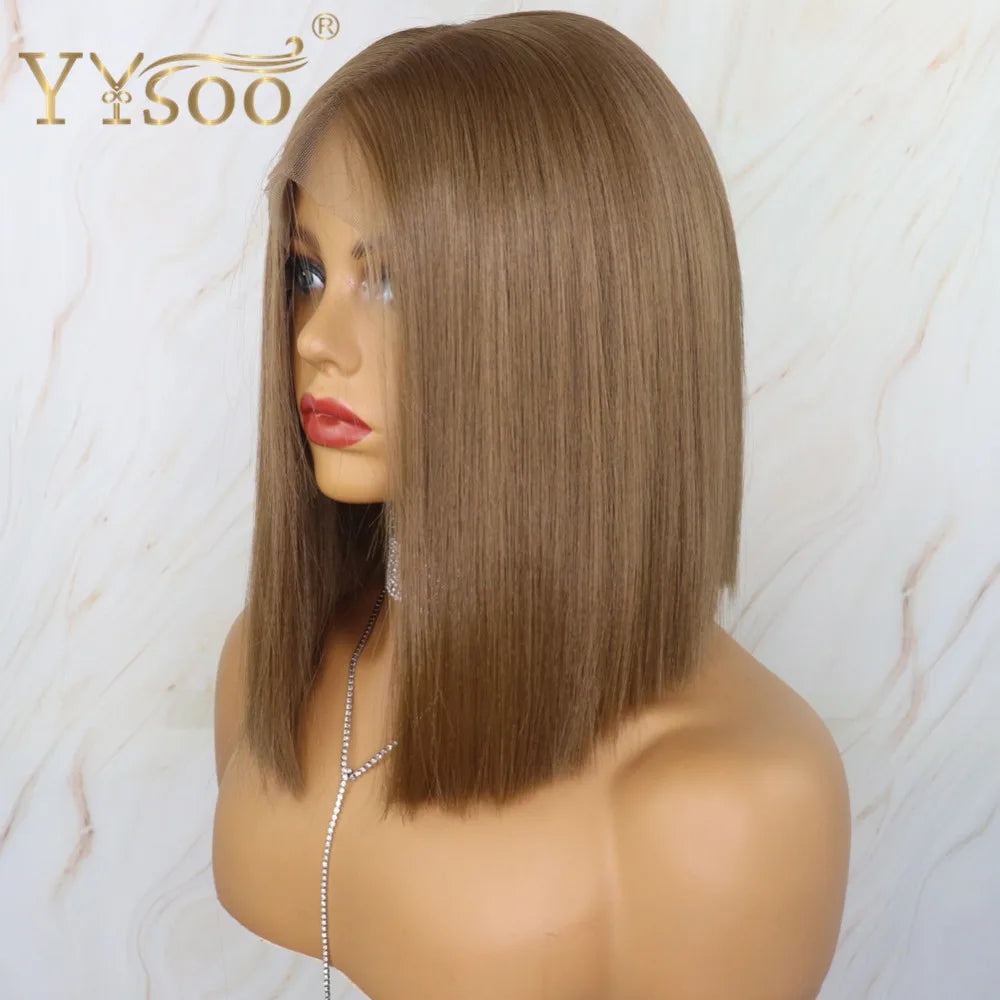 YYsoo Short 13x4 Futura Synthetic Lace Front  Wig #10 Color Silky Straight Brown Wigs for Women Heat Resistant Natural Hairline