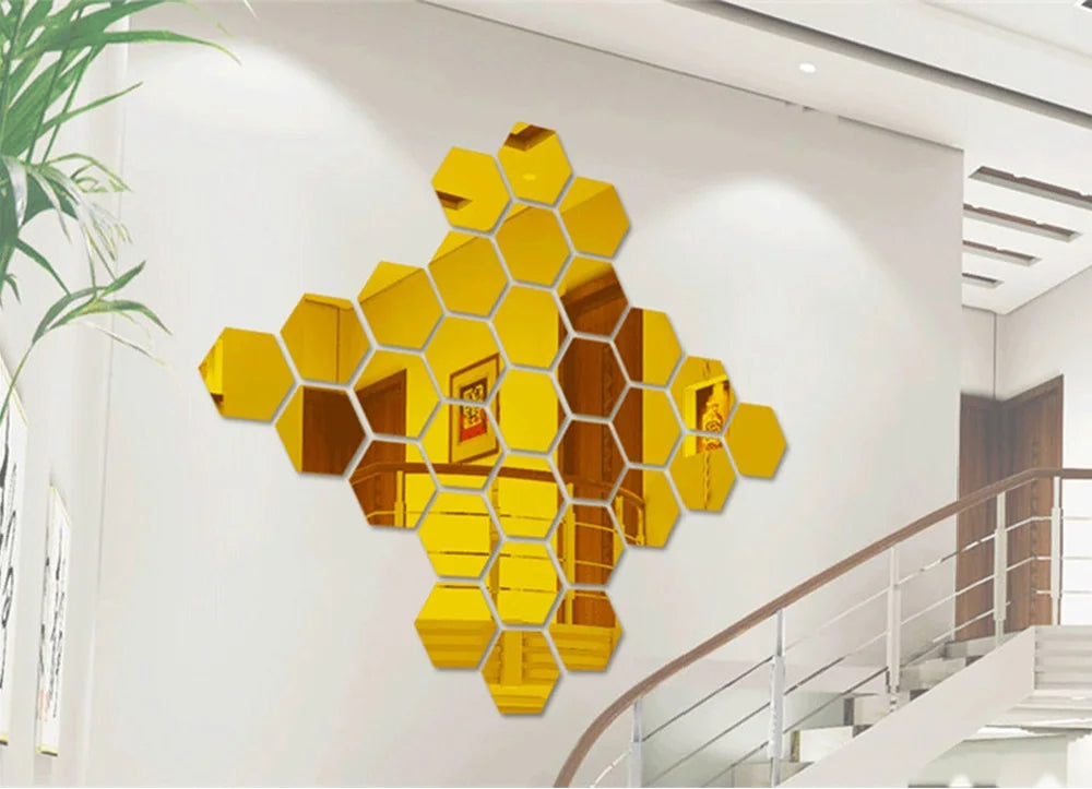 3D Hexagon Mirror Wall Stickers | 12pcs Acrylic DIY Removable Decal | Silver Gold Black Living Room Home Decor Art