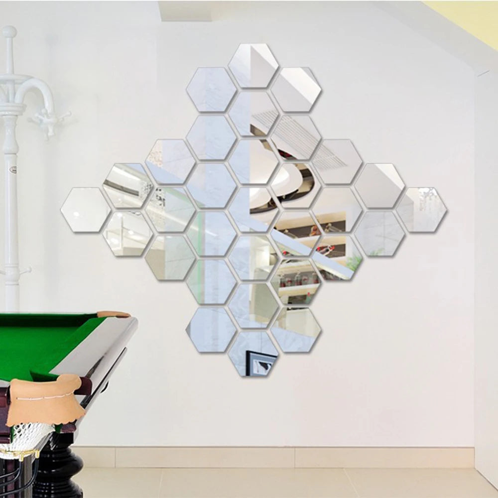 3D Hexagon Mirror Wall Stickers | 12pcs Acrylic DIY Removable Decal | Silver Gold Black Living Room Home Decor Art
