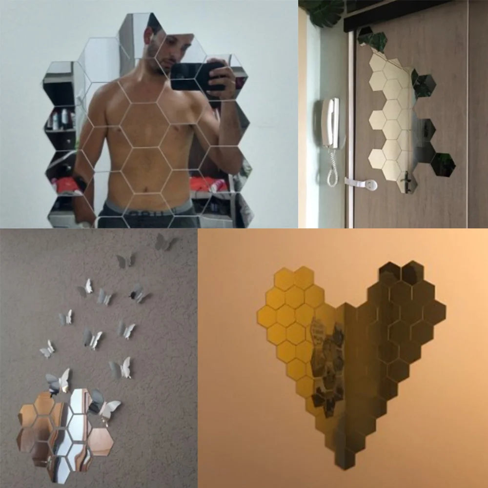 3D Hexagon Mirror Wall Stickers | 12pcs Acrylic DIY Removable Decal | Silver Gold Black Living Room Home Decor Art