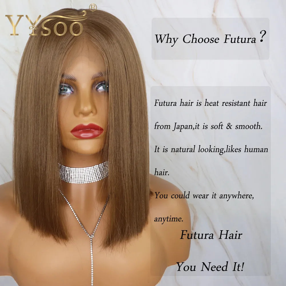 YYsoo Short 13x4 Futura Synthetic Lace Front  Wig #10 Color Silky Straight Brown Wigs for Women Heat Resistant Natural Hairline
