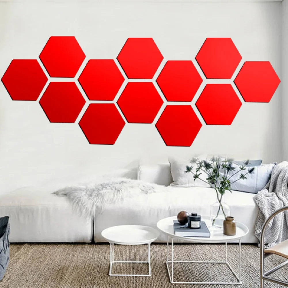 3D Hexagon Mirror Wall Stickers | 12pcs Acrylic DIY Removable Decal | Silver Gold Black Living Room Home Decor Art