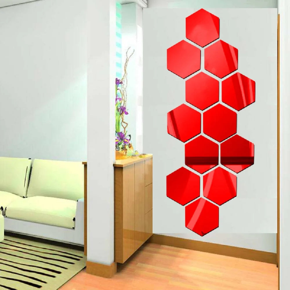 3D Hexagon Mirror Wall Stickers | 12pcs Acrylic DIY Removable Decal | Silver Gold Black Living Room Home Decor Art