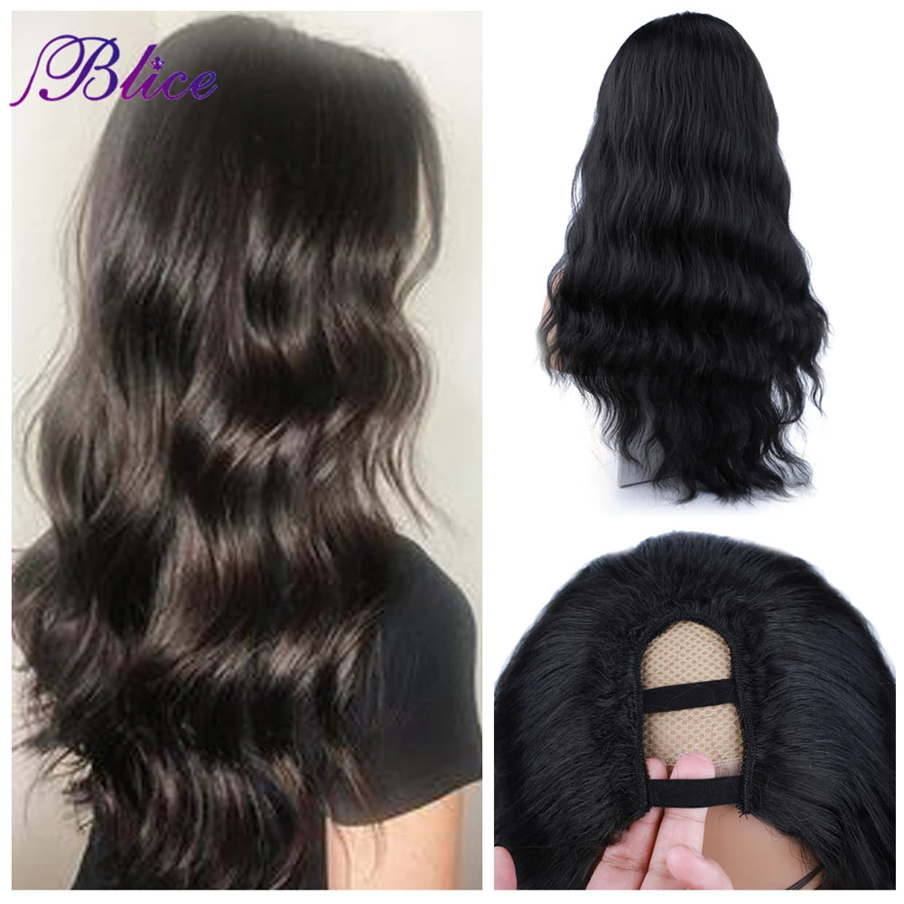 Blice U Part Wig Synthetic Hair Extensions Glueless Wavy Wigs Hollywood Waves With Clips Head Bang Style For Women