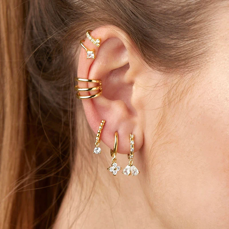 WOMEN 925 Silver Needle Water Drop Geometric Zircon White Zircon Crystal Flowers Pendant Hoop Earrings Fashion Wedding Jewelry