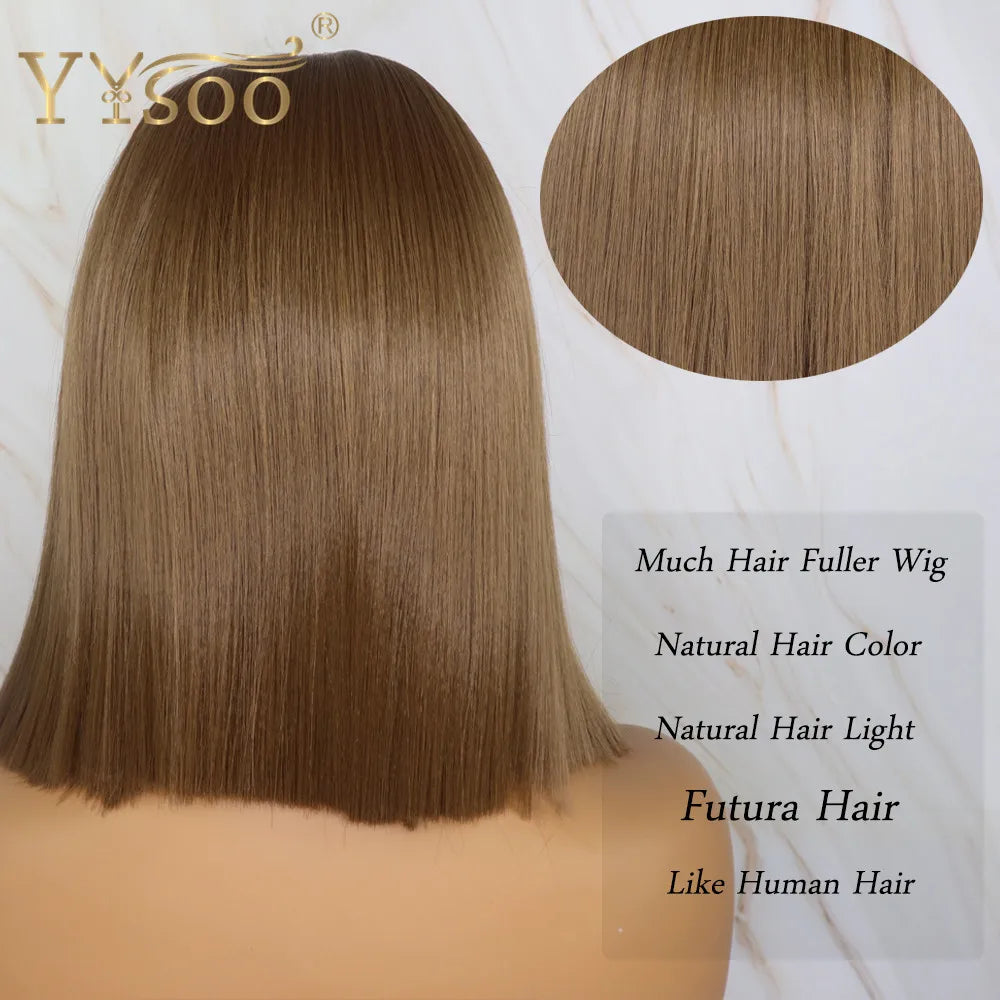 YYsoo Short 13x4 Futura Synthetic Lace Front  Wig #10 Color Silky Straight Brown Wigs for Women Heat Resistant Natural Hairline