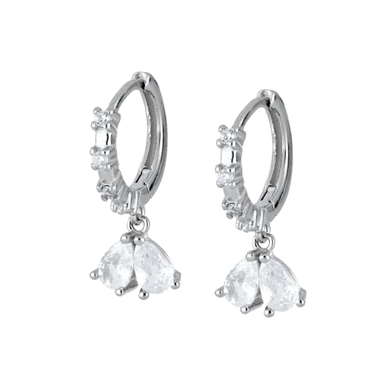 WOMEN 925 Silver Needle Water Drop Geometric Zircon White Zircon Crystal Flowers Pendant Hoop Earrings Fashion Wedding Jewelry