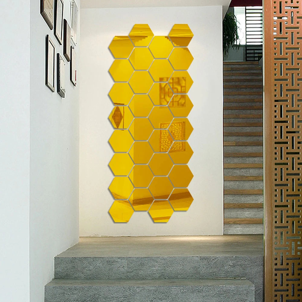 3D Hexagon Mirror Wall Stickers | 12pcs Acrylic DIY Removable Decal | Silver Gold Black Living Room Home Decor Art
