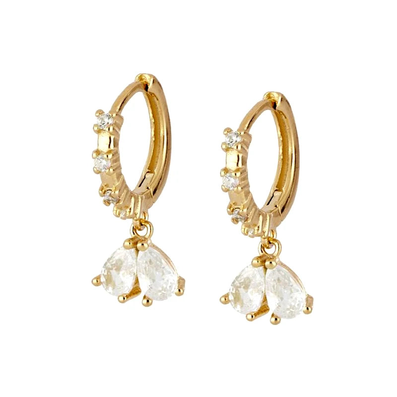 WOMEN 925 Silver Needle Water Drop Geometric Zircon White Zircon Crystal Flowers Pendant Hoop Earrings Fashion Wedding Jewelry