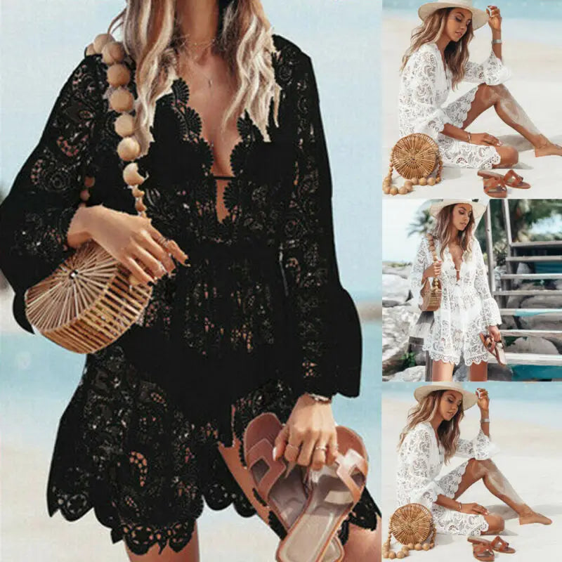 Women Sheer Bikini Cover Up Swimwear Sexy Lace Floral Swimsuit Bathing Suit Casual Loose Solid Summer Female Short Beach Dress