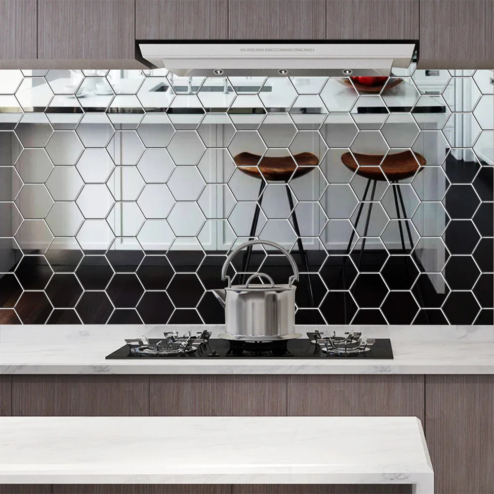 3D Hexagon Mirror Wall Stickers | 12pcs Acrylic DIY Removable Decal | Silver Gold Black Living Room Home Decor Art