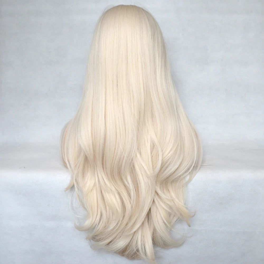 Voguequeen Platinum Blonde Synthetic Natural Wave Lace Front Wig Heat Resistant Fiber Cosplay For Women