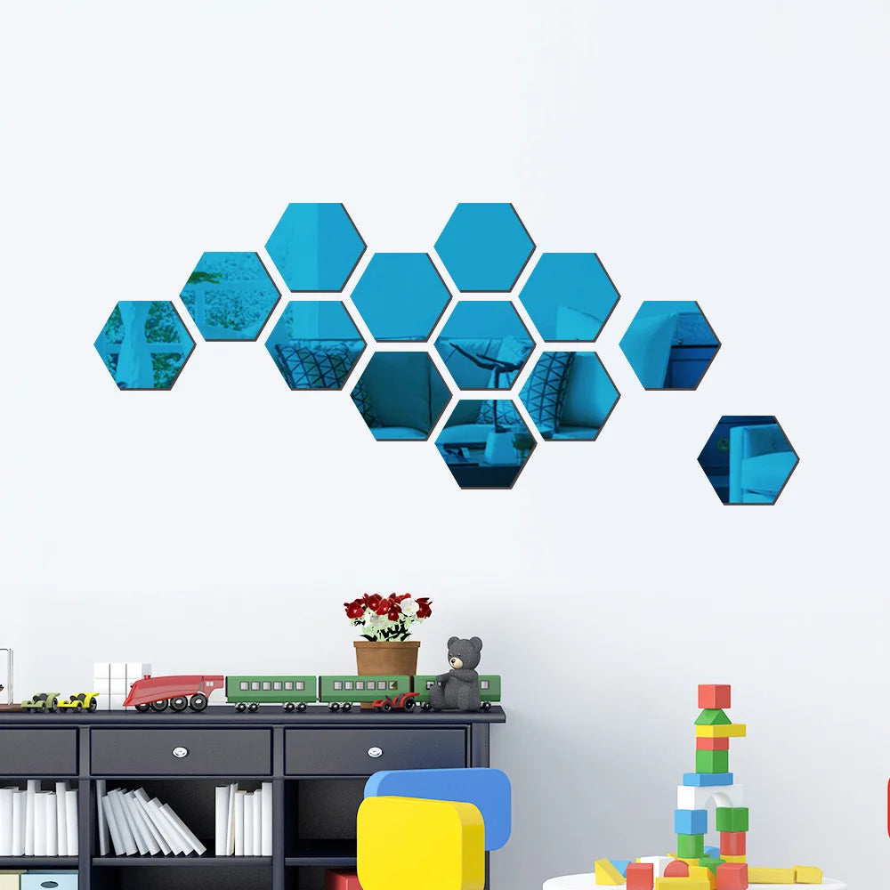 3D Hexagon Mirror Wall Stickers | 12pcs Acrylic DIY Removable Decal | Silver Gold Black Living Room Home Decor Art