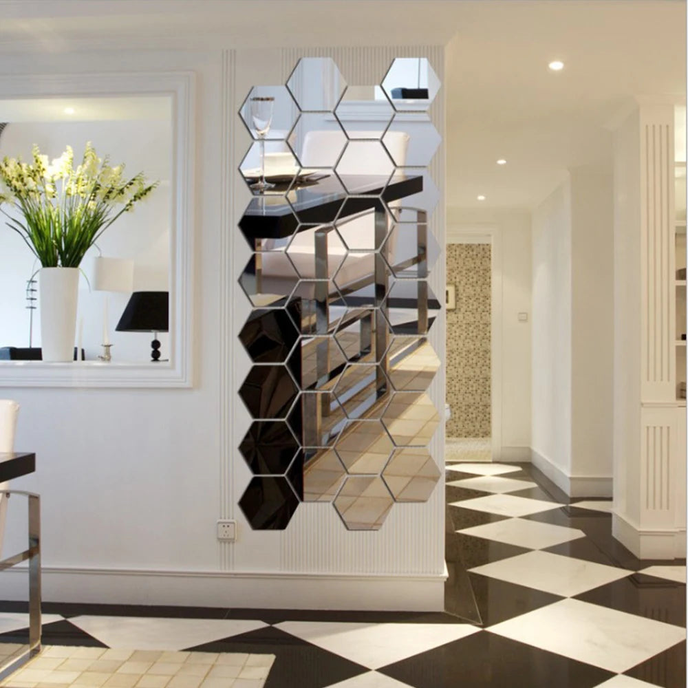 3D Hexagon Mirror Wall Stickers | 12pcs Acrylic DIY Removable Decal | Silver Gold Black Living Room Home Decor Art