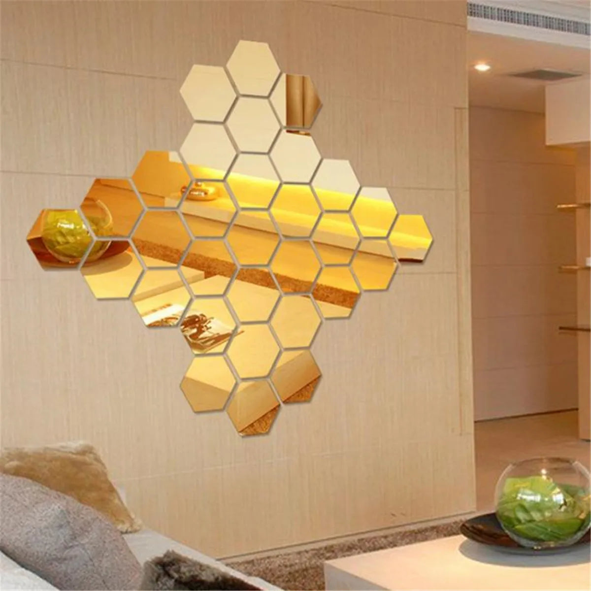 3D Hexagon Mirror Wall Stickers | 12pcs Acrylic DIY Removable Decal | Silver Gold Black Living Room Home Decor Art