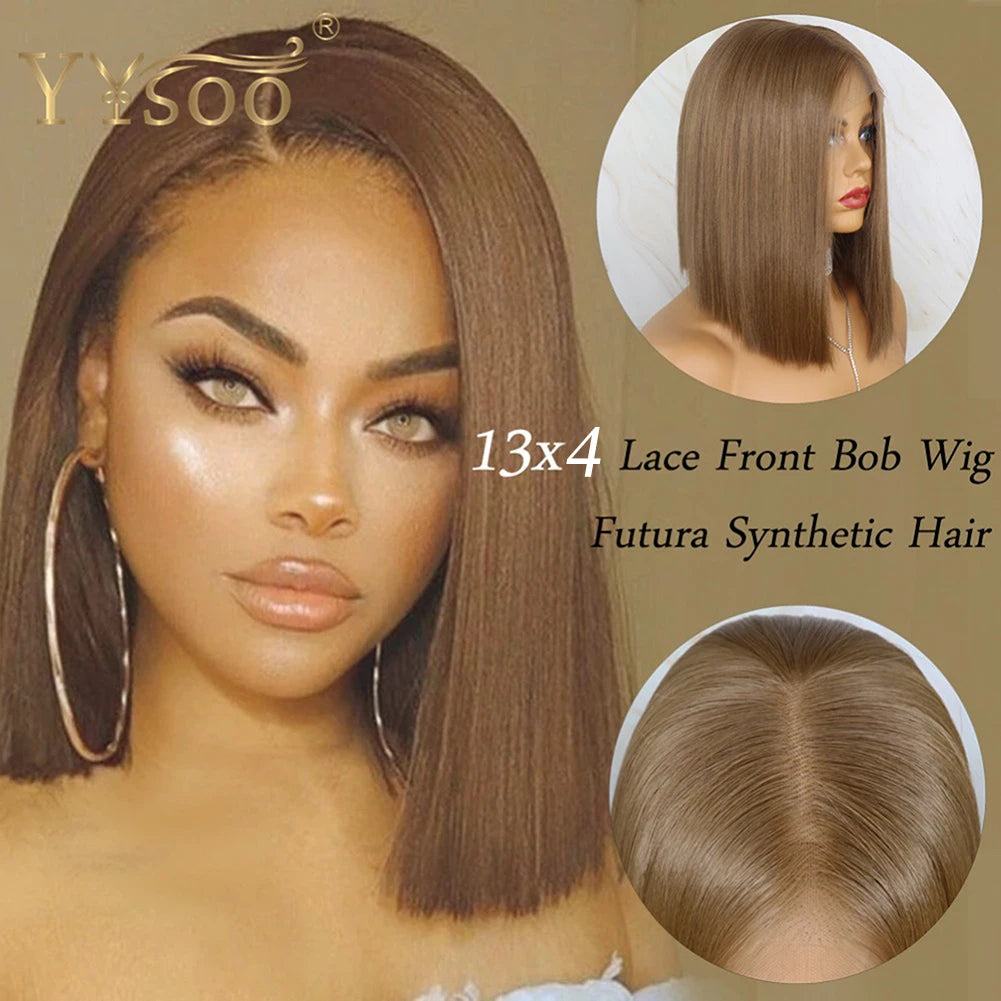 YYsoo Short 13x4 Futura Synthetic Lace Front  Wig #10 Color Silky Straight Brown Wigs for Women Heat Resistant Natural Hairline