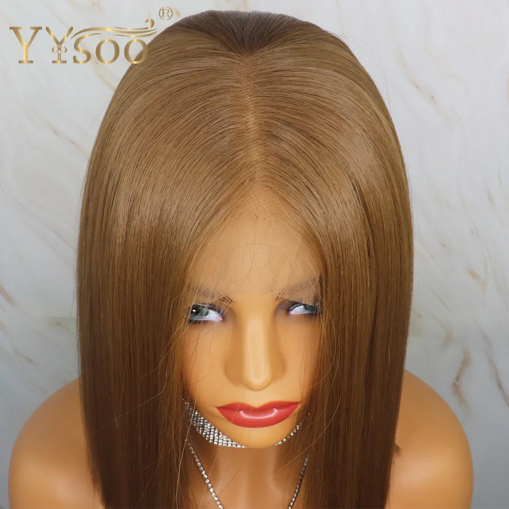 YYsoo Short 13x4 Futura Synthetic Lace Front  Wig #10 Color Silky Straight Brown Wigs for Women Heat Resistant Natural Hairline