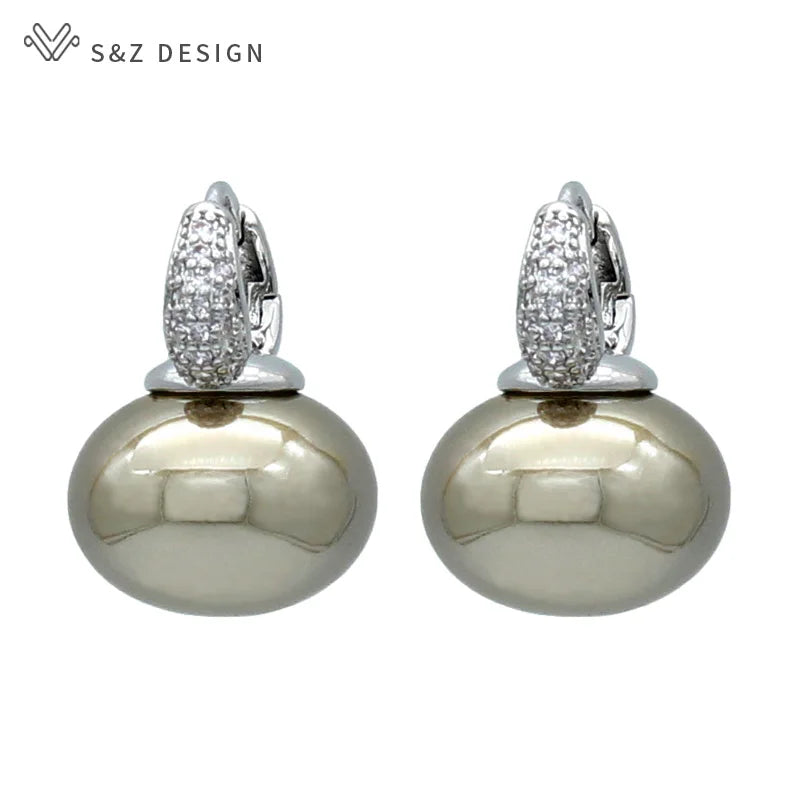 S&Z DESIGN New Fashion Bread Round Big Pearl Dangle Earrings For Women Wedding Jewelry Gift Temperament Cubic Zirconia Eardrop