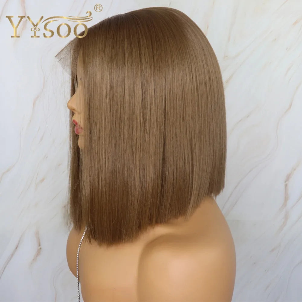 YYsoo Short 13x4 Futura Synthetic Lace Front  Wig #10 Color Silky Straight Brown Wigs for Women Heat Resistant Natural Hairline