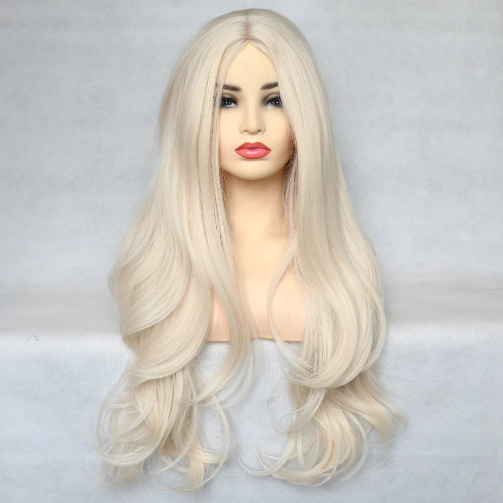 Voguequeen Platinum Blonde Synthetic Natural Wave Lace Front Wig Heat Resistant Fiber Cosplay For Women