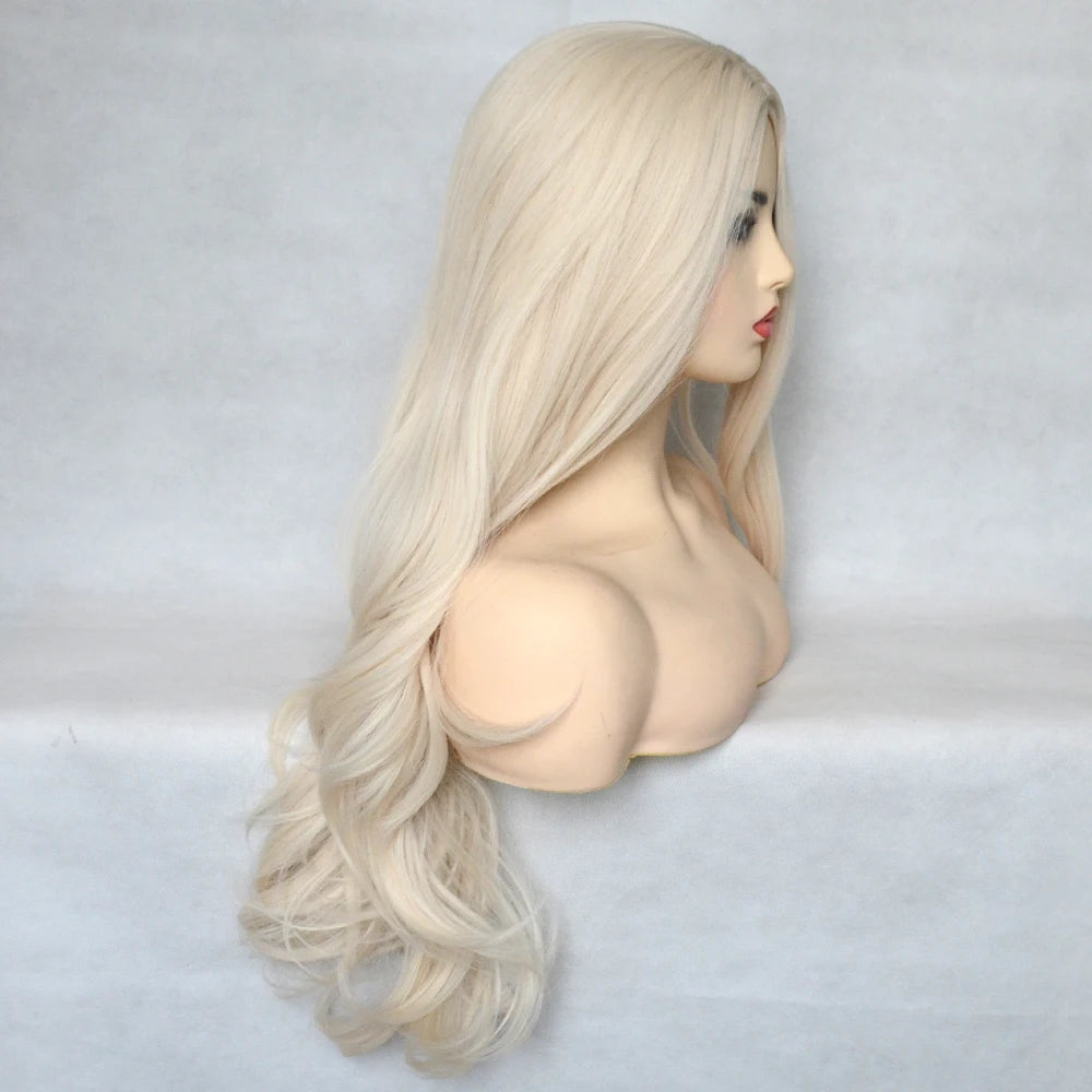 Voguequeen Platinum Blonde Synthetic Natural Wave Lace Front Wig Heat Resistant Fiber Cosplay For Women