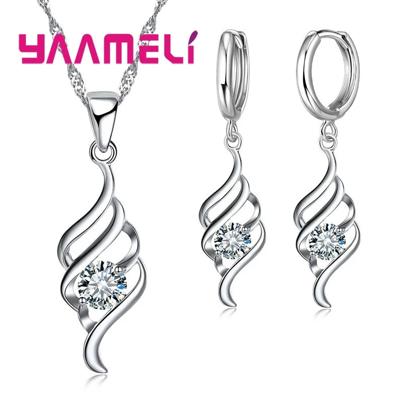 925 Sterling Silver Jewelry Set – Charm Pendant Necklace & Hoop Earrings for Women
