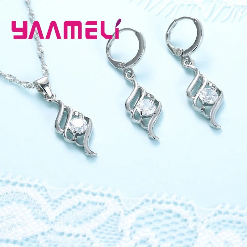 925 Sterling Silver Jewelry Set – Charm Pendant Necklace & Hoop Earrings for Women