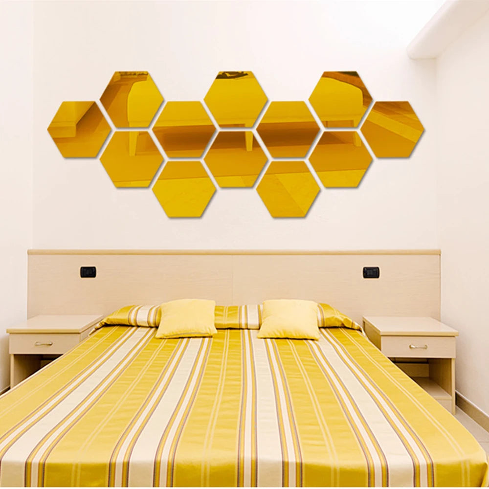 3D Hexagon Mirror Wall Stickers | 12pcs Acrylic DIY Removable Decal | Silver Gold Black Living Room Home Decor Art