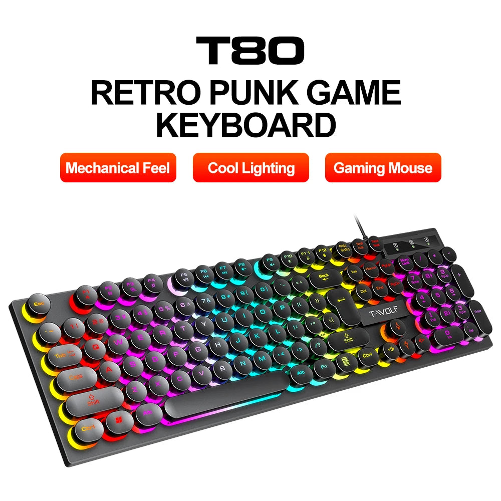 T-WOLF RGB Round Key Gaming Keyboard – USB Wired LED Rainbow Backlit Keyboard for PC & Laptop