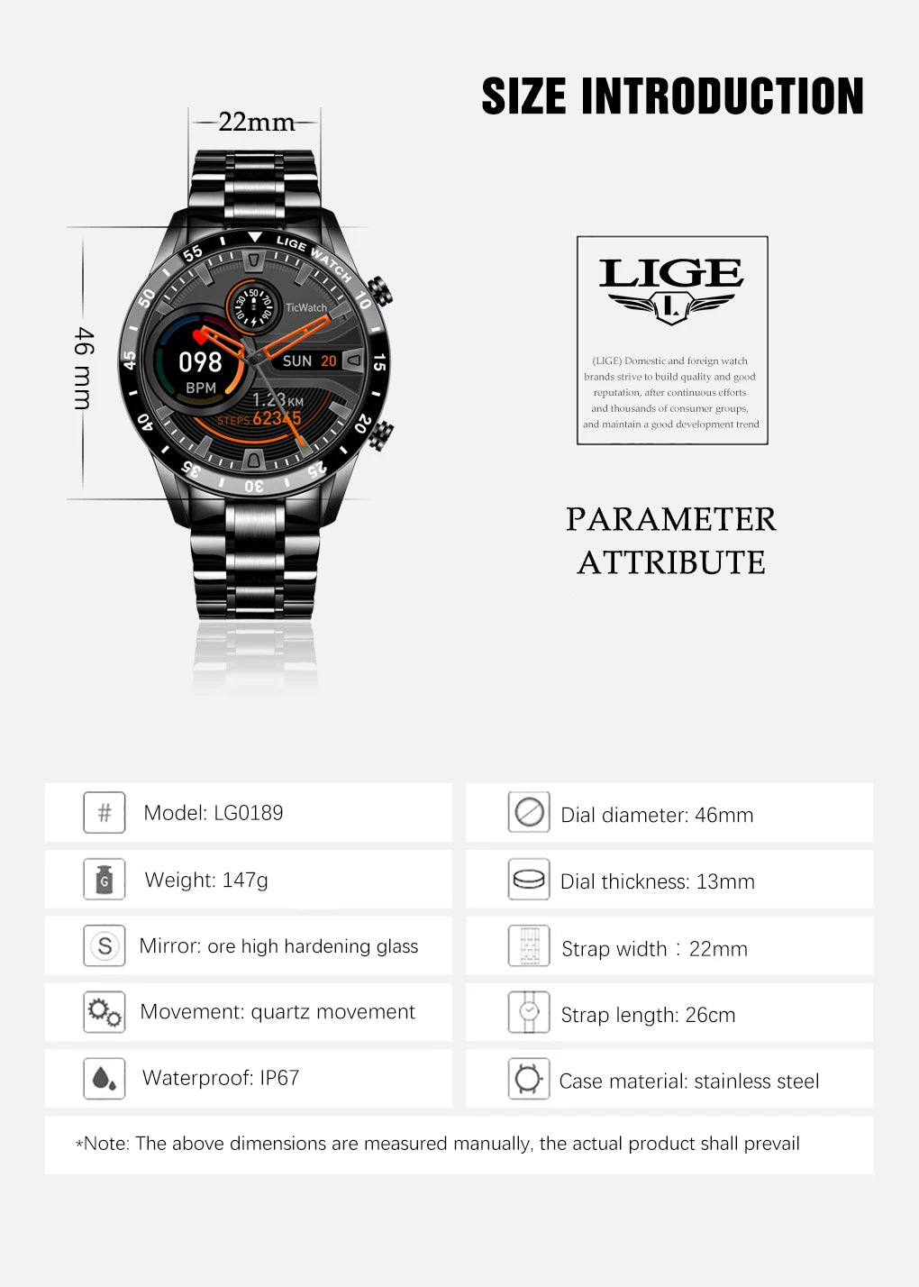 LIGE Men's Bluetooth Smartwatch – Full Touch Steel Sports Watch, IP67 Waterproof