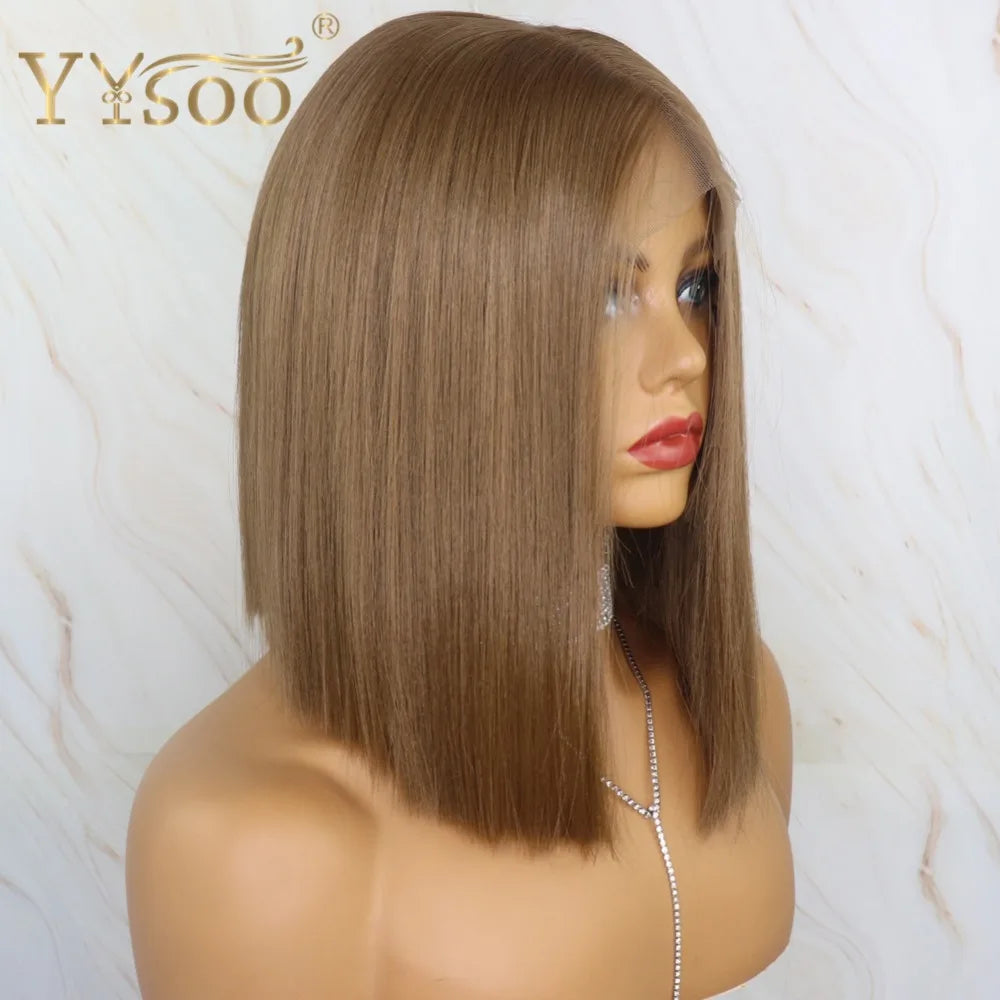 YYsoo Short 13x4 Futura Synthetic Lace Front  Wig #10 Color Silky Straight Brown Wigs for Women Heat Resistant Natural Hairline