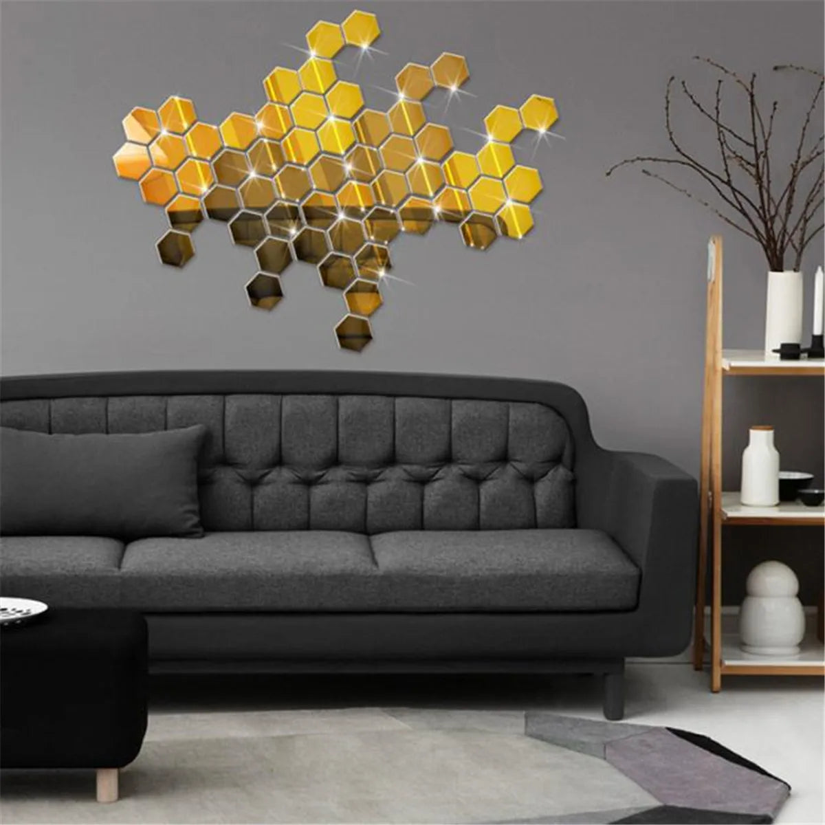 3D Hexagon Mirror Wall Stickers | 12pcs Acrylic DIY Removable Decal | Silver Gold Black Living Room Home Decor Art
