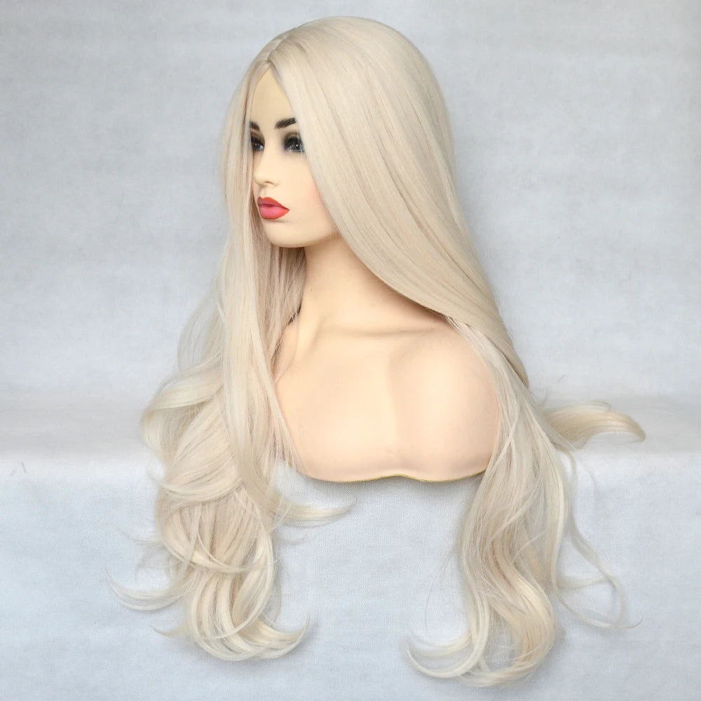 Voguequeen Platinum Blonde Synthetic Natural Wave Lace Front Wig Heat Resistant Fiber Cosplay For Women