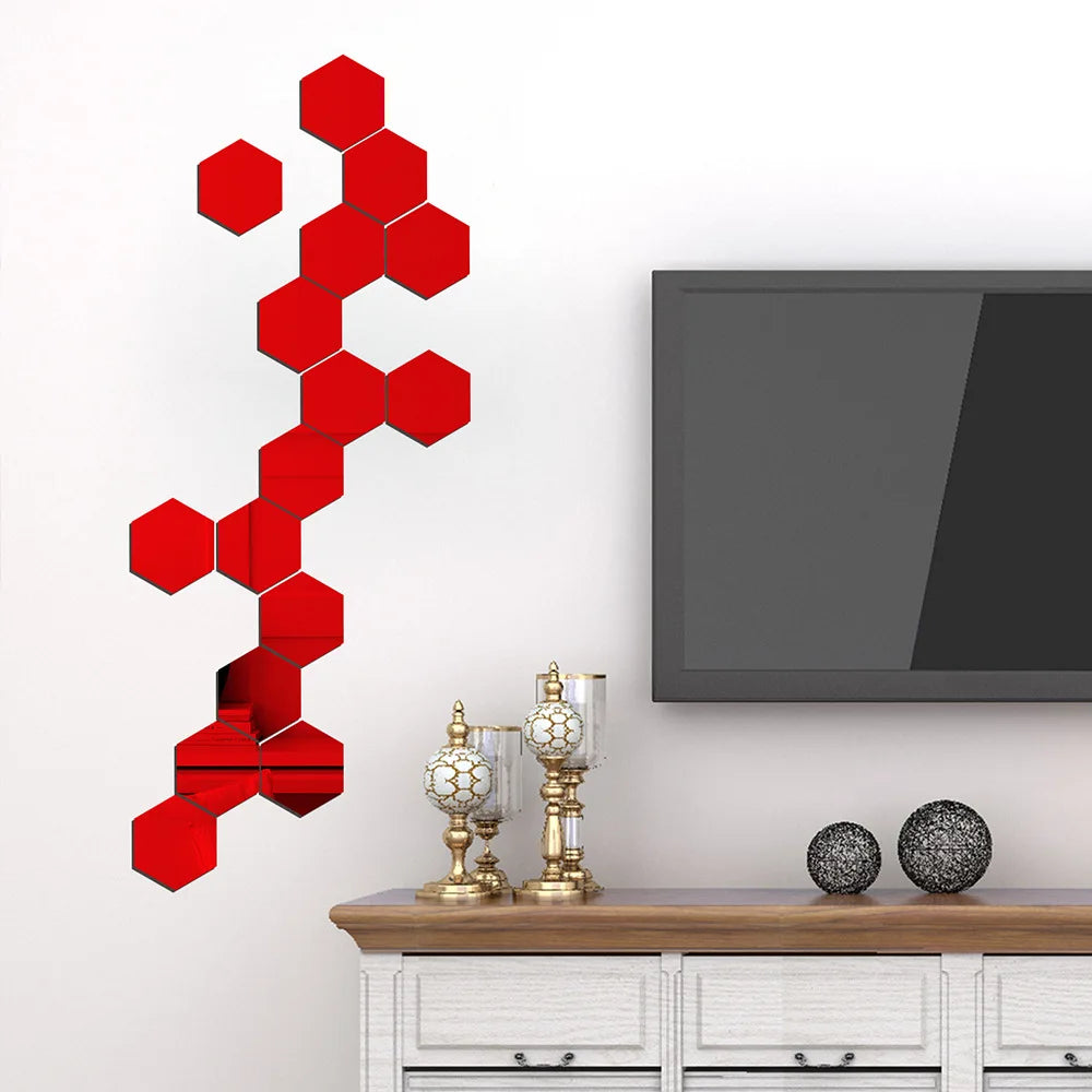 3D Hexagon Mirror Wall Stickers | 12pcs Acrylic DIY Removable Decal | Silver Gold Black Living Room Home Decor Art